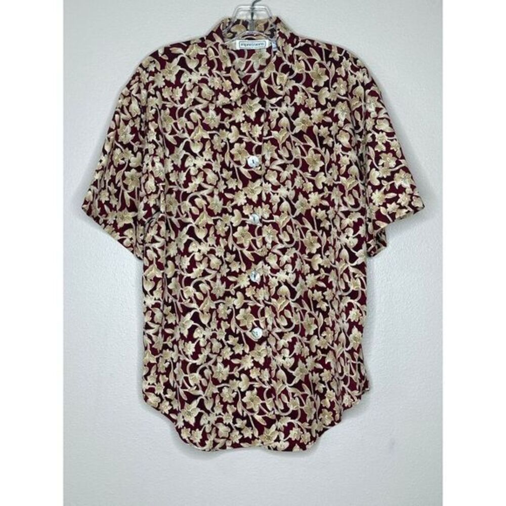 Impressions‎ California Burgundy Floral Button Down Blouse Gold Metallic Print M
